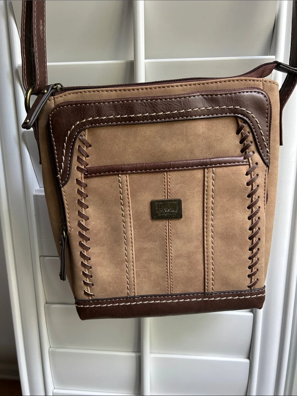 BOC Two-Tone Tan and Brown Whipstitch Crossbody Purse